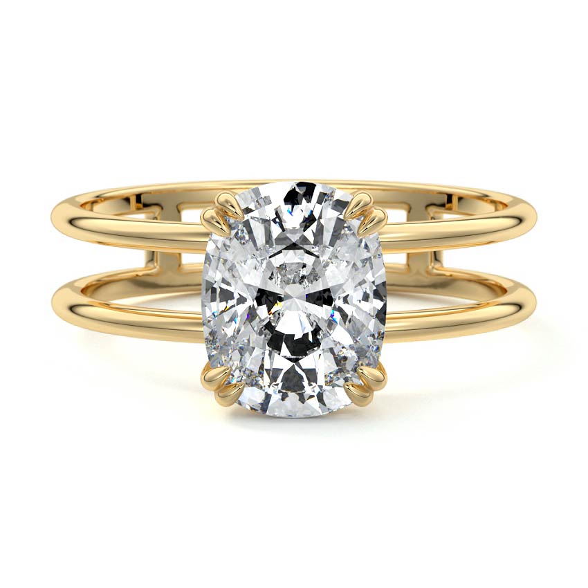 Cushion solitaire double band engagement ring in gold with moissanite or lab-grown diamond, handcrafted by Nura Lab New Zealand