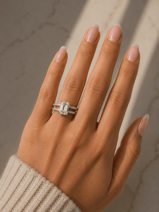 Katy - Unique Emerald Cut Double Band Engagement Ring