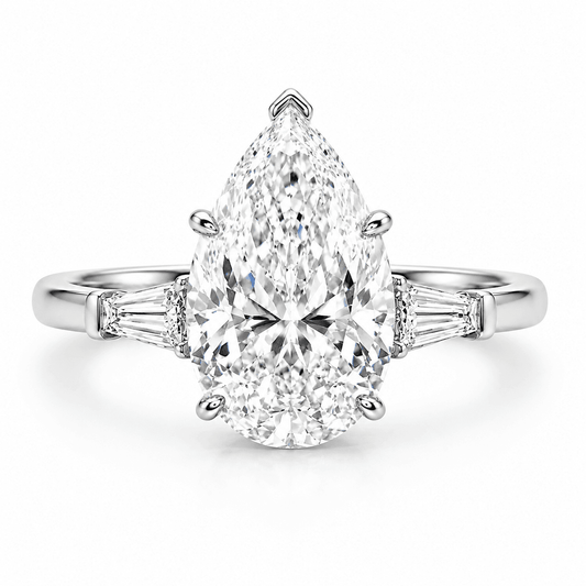 5 Carat - Pear Cut Three Stone Engagement Ring 18K White Gold