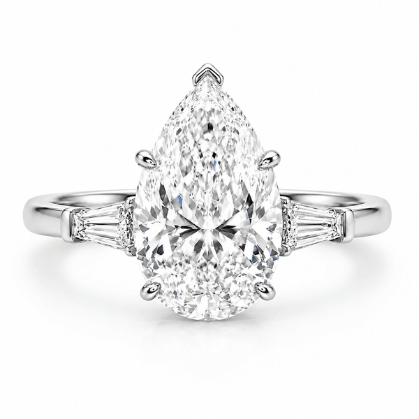 5 Carat - Pear Cut Three Stone Engagement Ring 18K White Gold