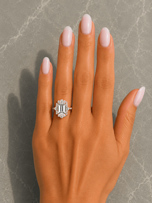Ellie - Emerald Cut Halo Lab Diamond Unique Engagement Ring
