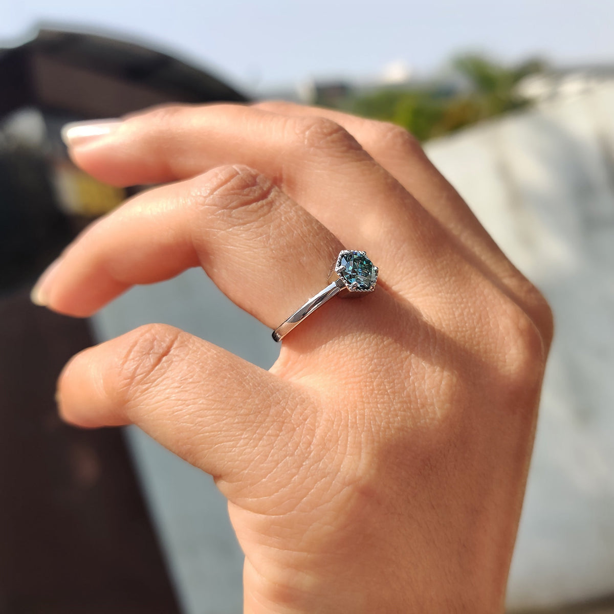 Florence Anne - Solitaire Round Engagement Ring In Hexagon Framed