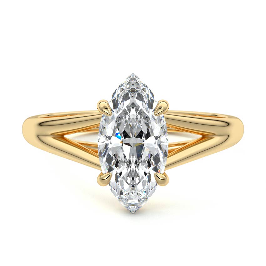 Marquise Solitaire Split Shank Engagement Ring in 18K yellow gold with lab-grown marquise diamond.