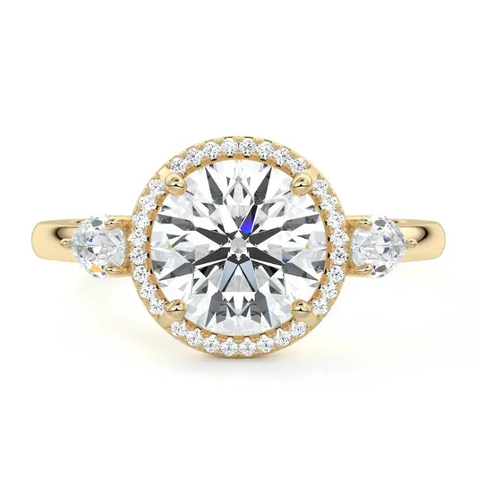 Nura Lab Round Halo engagement ring with two pear-shaped side stones in gold or platinum, featuring lab grown diamonds michael hill dunedin