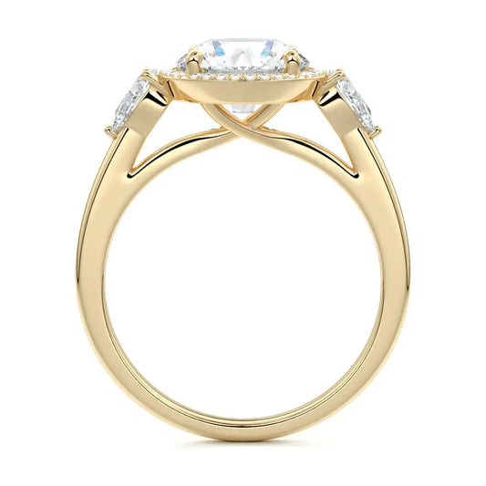 Nura Lab Round Halo engagement ring with two pear-shaped side stones in gold or platinum, featuring lab grown diamonds