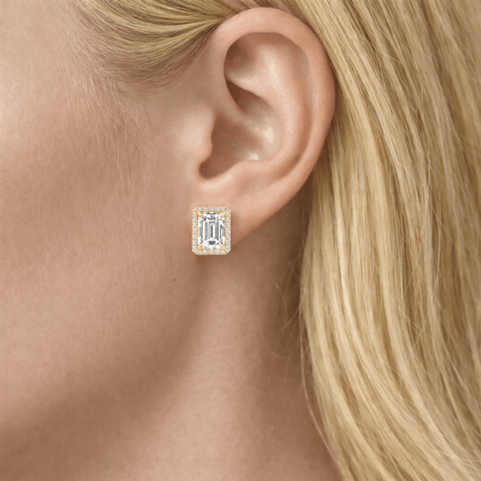 Veruska - 2CTW Emerald Cut Moissanite Halo Stud 14K Yellow Gold
