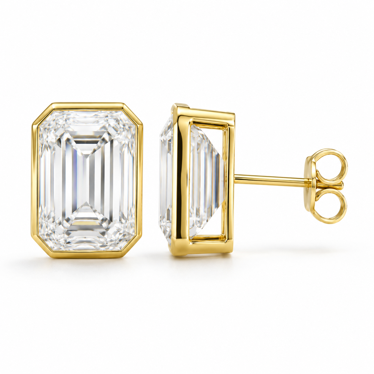 Clare - Emerald Cut Bezel Stud Moissanite Earrings 14K Yellow Gold.