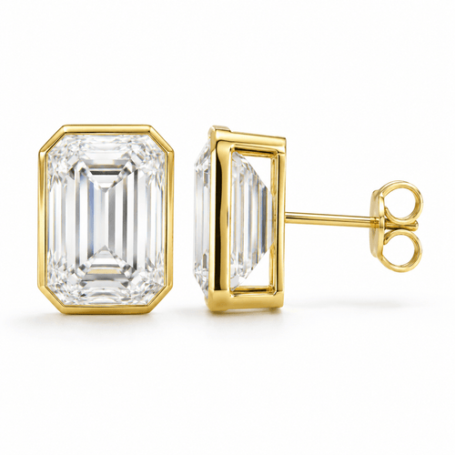 Clare - Emerald Cut Bezel Stud Moissanite Earrings 14K Yellow Gold.