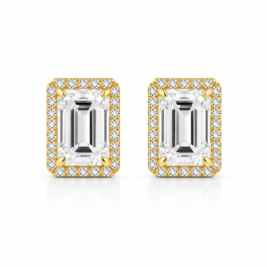 Veruska - 2CTW Emerald Cut Moissanite Halo Stud 14K Yellow Gold