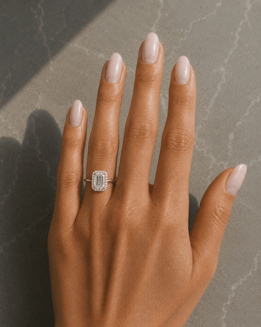 Tara - Halo Emerald Cut Lab Grown Diamond Engagement Ring