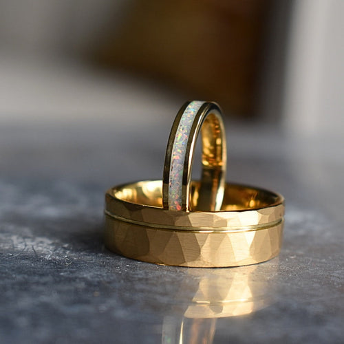 Northwind - Hammered Tungsten Wedding Ring 8mm Gold Brushed with Polished Gold Accent - view 9 - Nura Lab