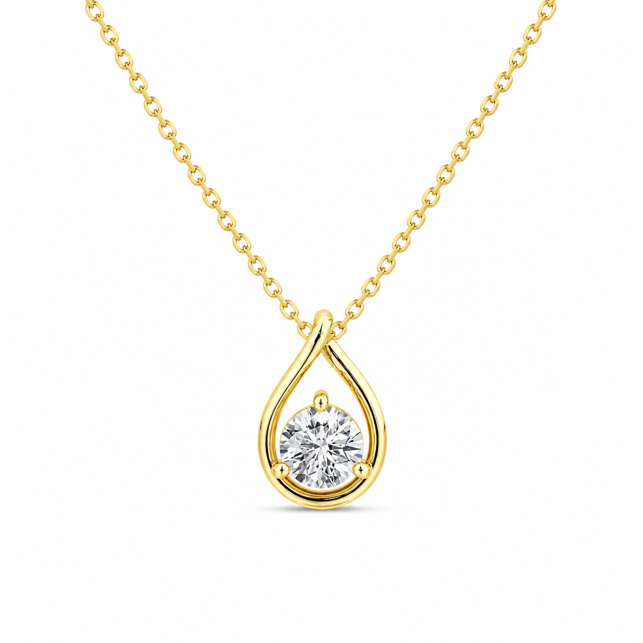Brielle - Round Brilliant Design Moissanite Floating on Pear Shape Gold Charms 14K.