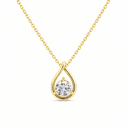 Brielle - Round Brilliant Design Moissanite Floating on Pear Shape Gold Charms 14K.