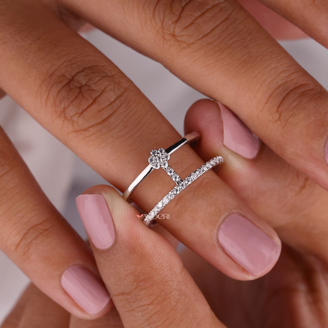 A geometric wedding band features sharp, clean lines.
