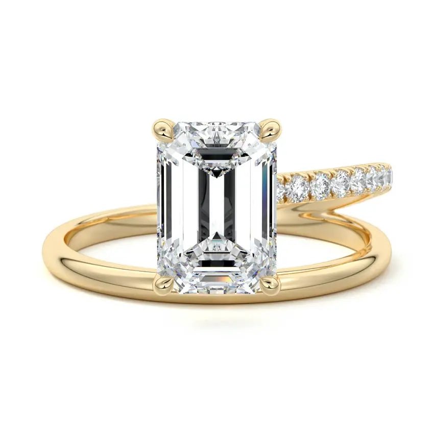 Emerald cut spiral diamond engagement ring in yellow gold with lab-grown center stone