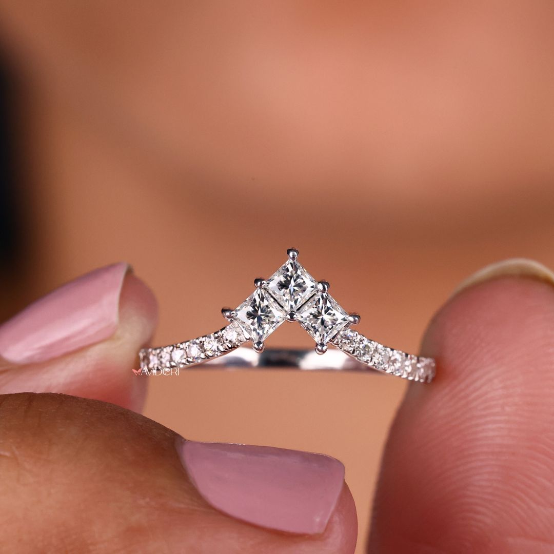 White gold band provides a versatile base for any engagement ring or wedding set.
