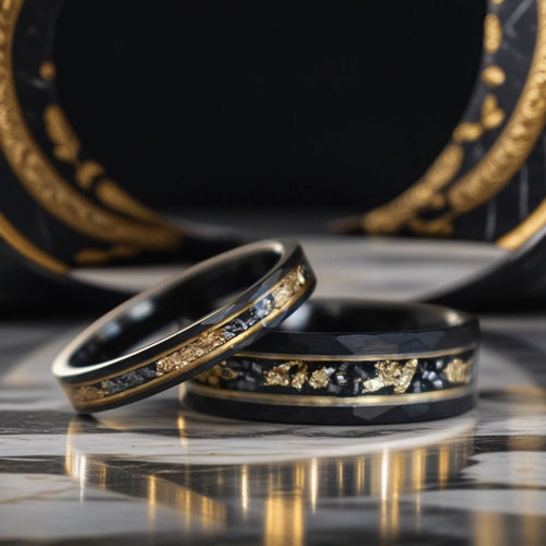 Evernorth - Hammered 8mm Black Tungsten Wedding Ring with 22K Gold Leaf and Meteorite Inlay - view 9 - Nura Lab
