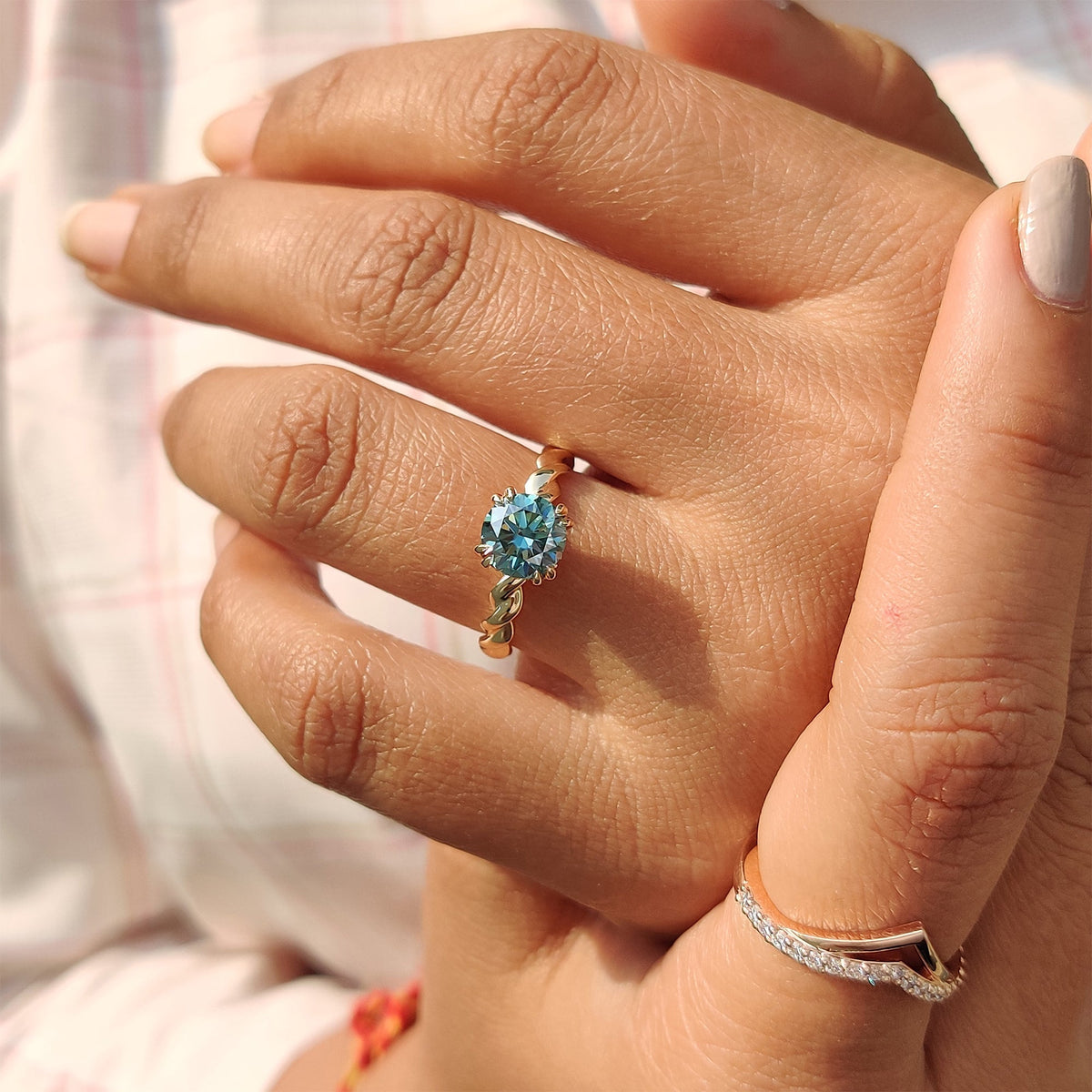 Genevieve Claire - Cyan Blue Round Cut Hidden Halo Ring With Twisted Rope Band