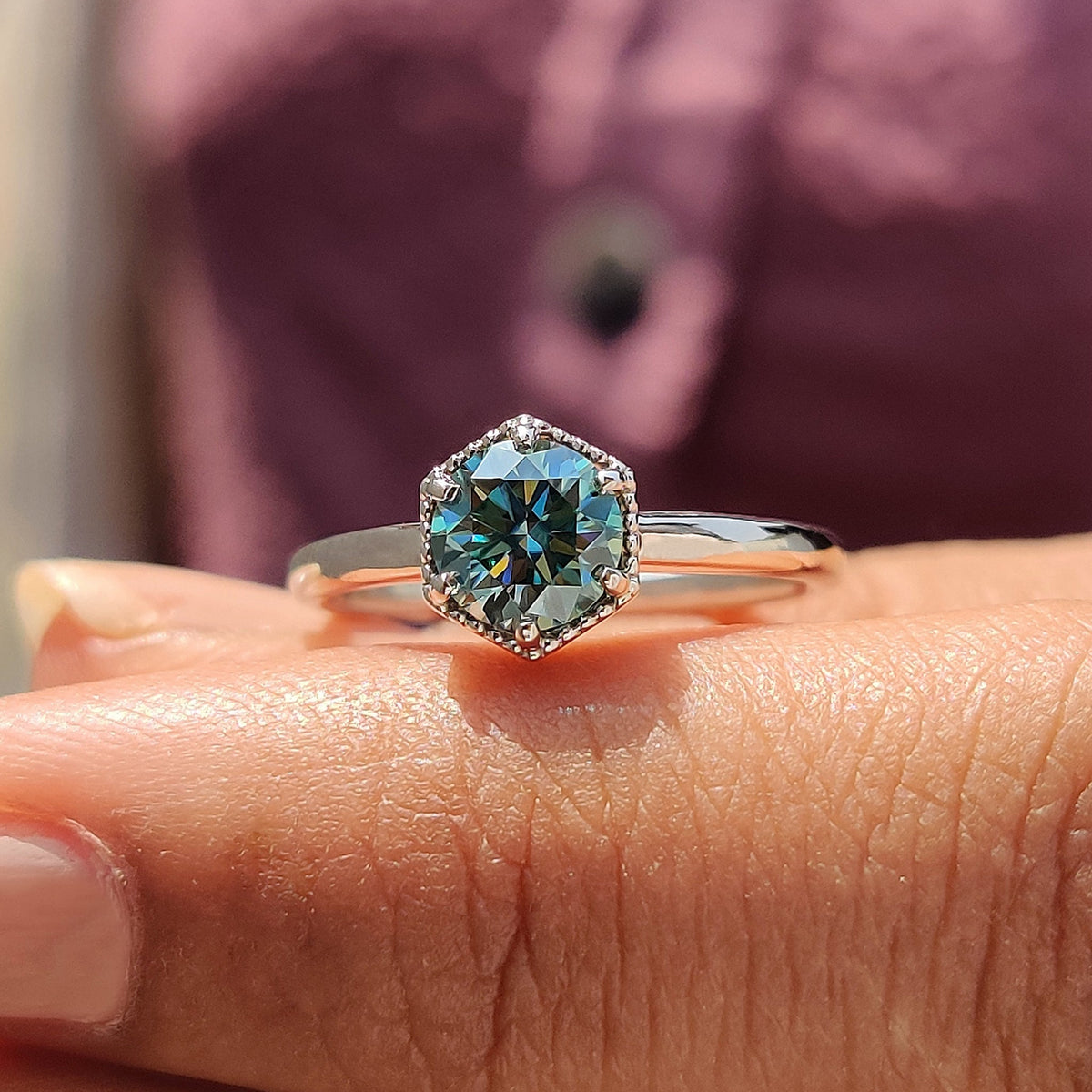 Florence Anne - Solitaire Round Engagement Ring In Hexagon Framed