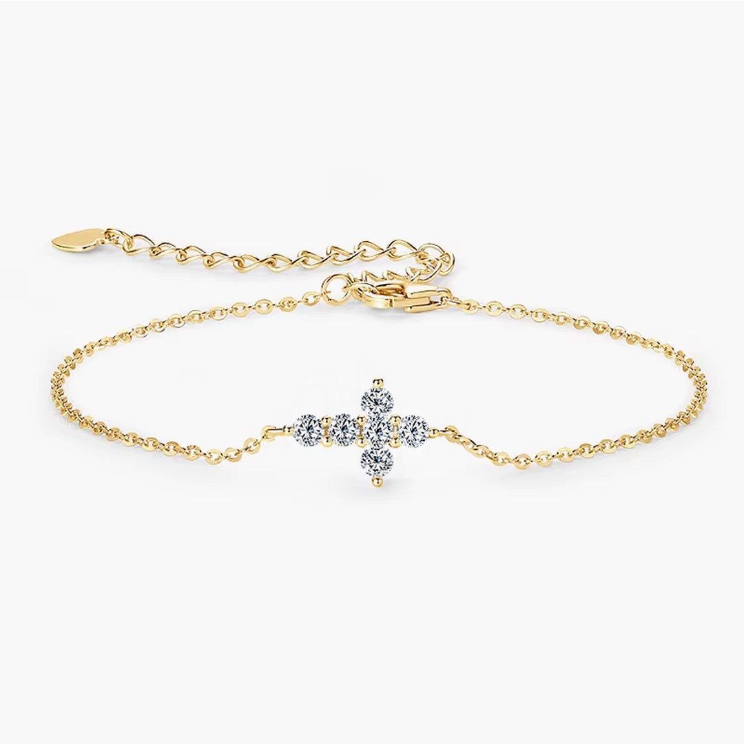 Abigail Mini Cross Moissanite Bracelet by Nura Lab in 14K yellow gold plating over sterling silver