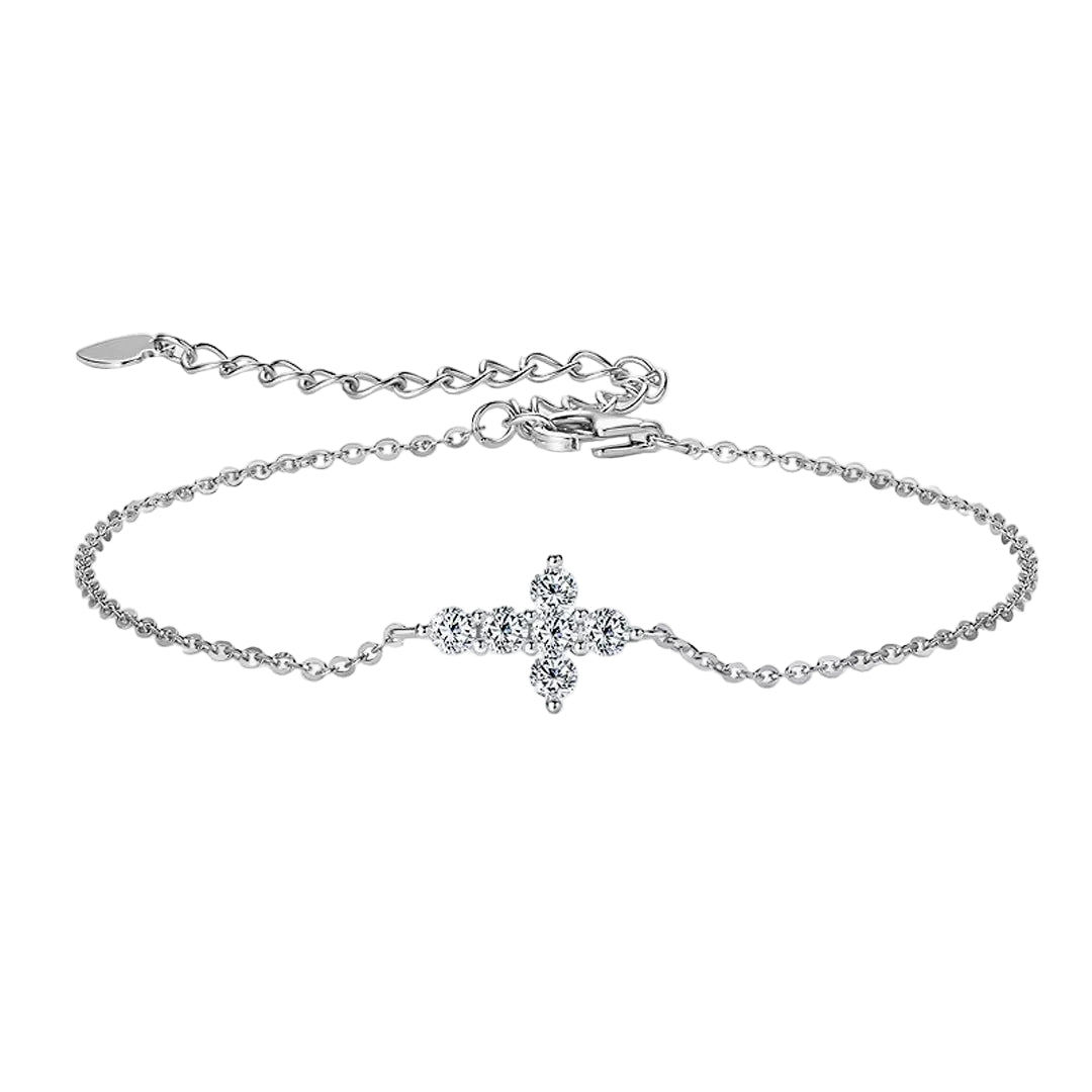 Abigail Mini Cross Moissanite Bracelet by Nura Lab in Platinum plating over sterling silver