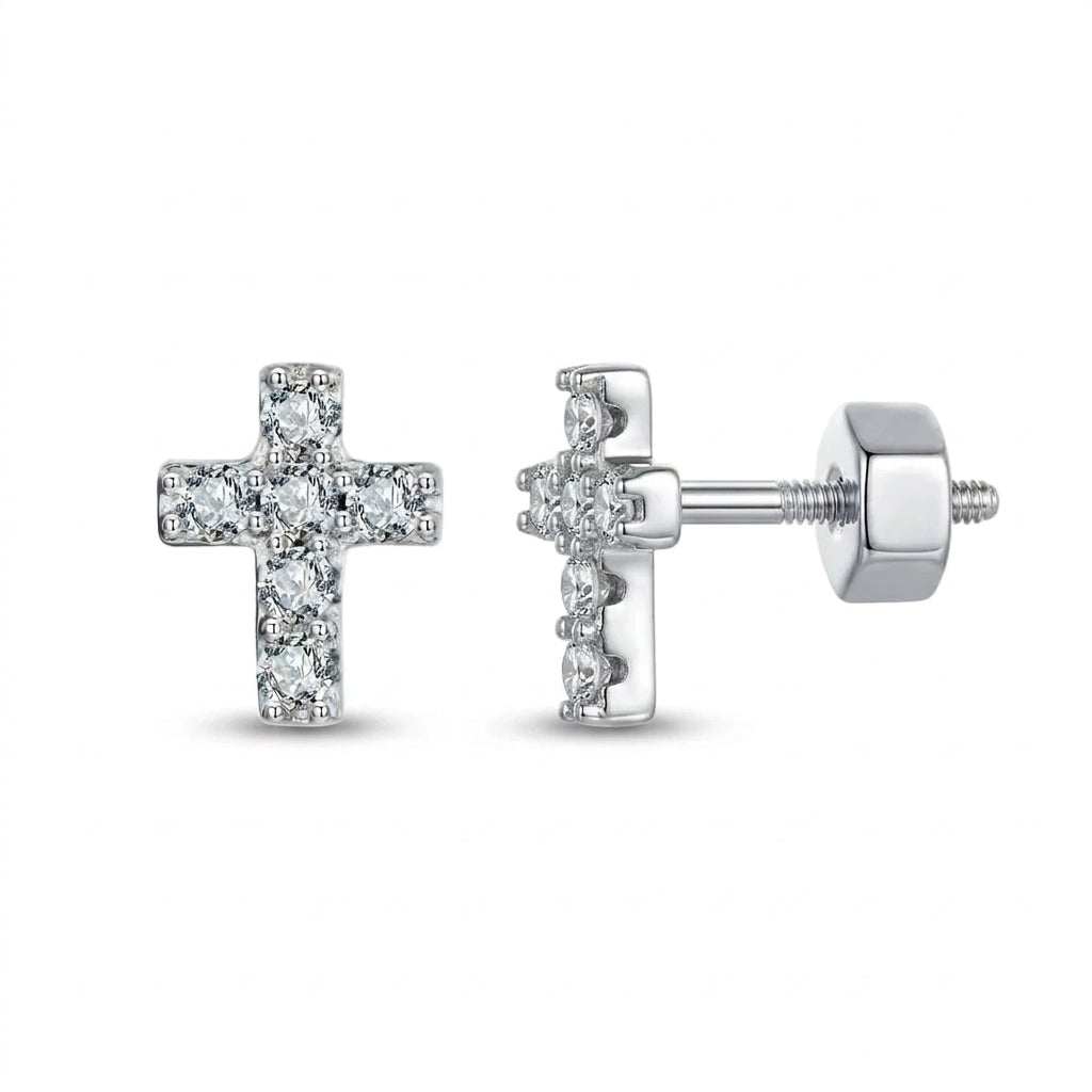 Abigail Cross Moissanite Stud Earrings by Nura Lab in platinum plating over S925 sterling silver