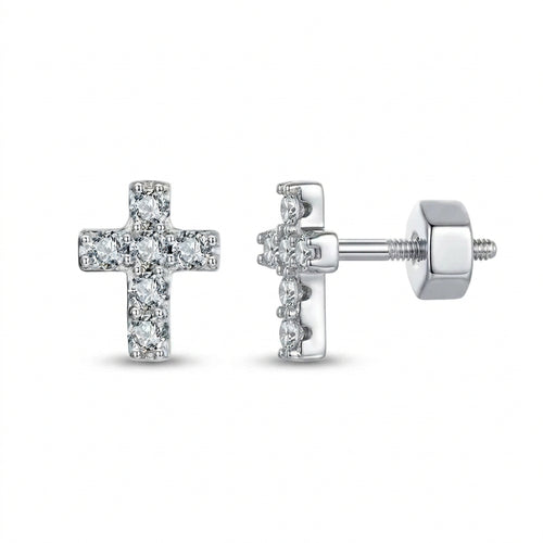 Abigail Cross Moissanite Stud Earrings by Nura Lab in platinum plating over S925 sterling silver