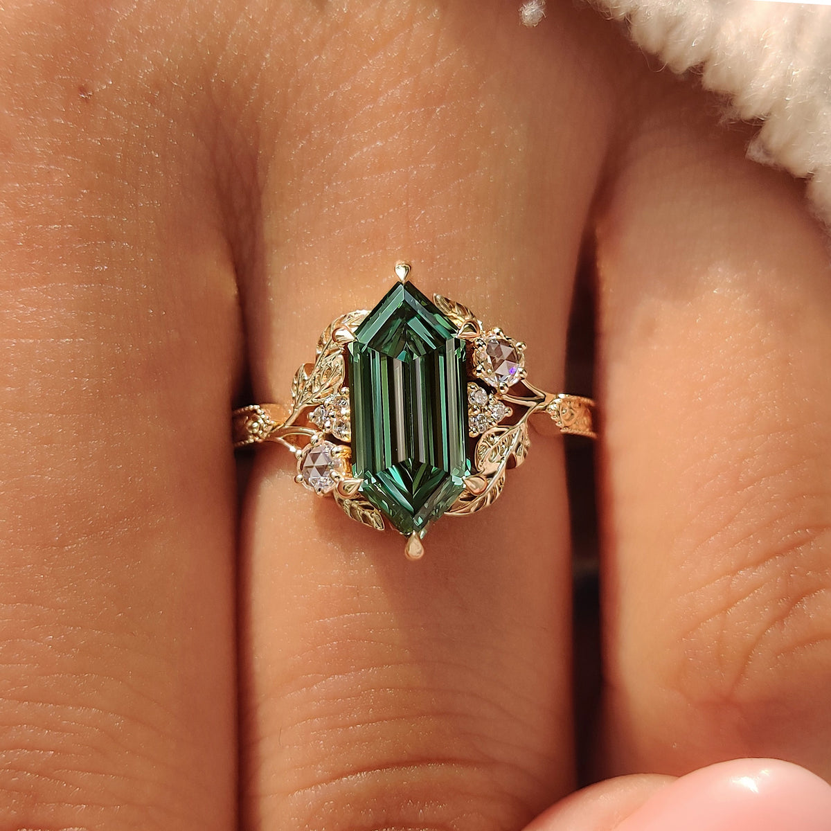 Aurelia Marie - Green Hexagon Step Cut Diamond Cluster Ring in Nature Inspired Style