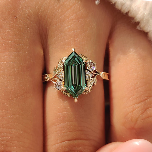 Aurelia Marie - Green Hexagon Step Cut Diamond Cluster Ring in Nature Inspired Style