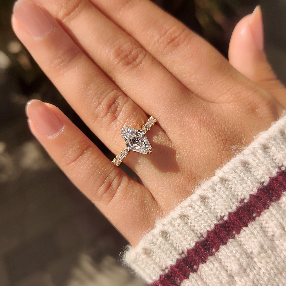 Leonora Belle - Squashed Hexagon Step Cut Ring with Baguette Cut Pave Band