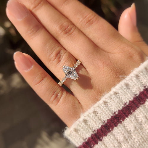 Leonora Belle - Squashed Hexagon Step Cut Ring with Baguette Cut Pave Band