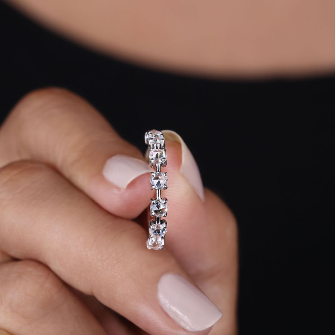 Rose cut wedding band displays soft sparkle with vintage-inspired brilliance.
