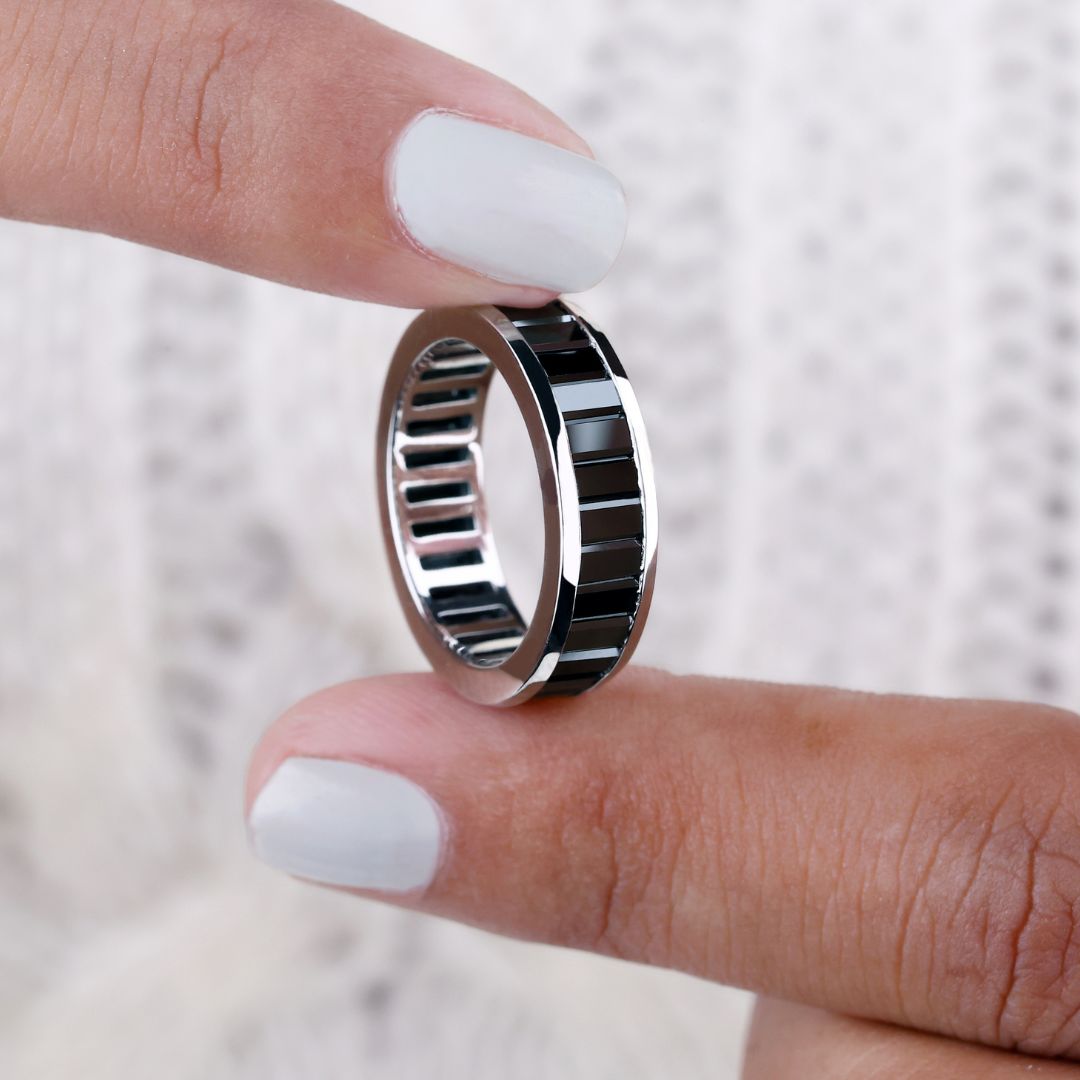 Baguette diamond band featuring elegant and high-quality baguette diamonds.
