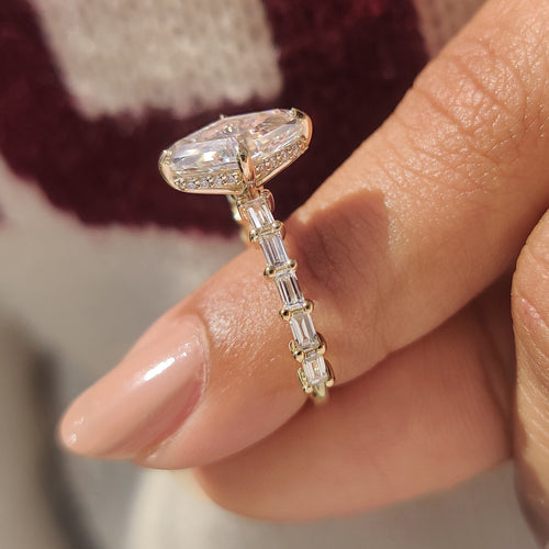 Leonora Belle - Squashed Hexagon Step Cut Ring with Baguette Cut Pave Band