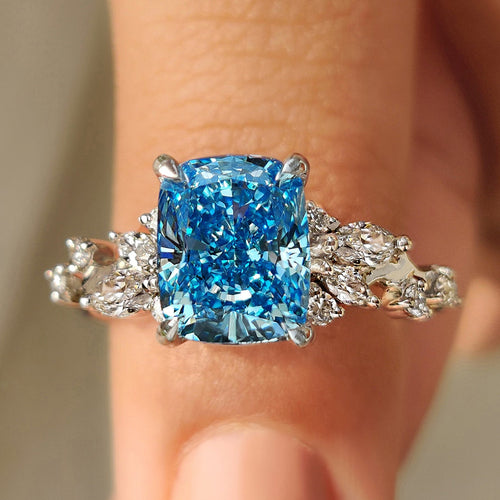 Vivienne Rose - Blue Cushion Cut Diamond Ring in Cluster Setting