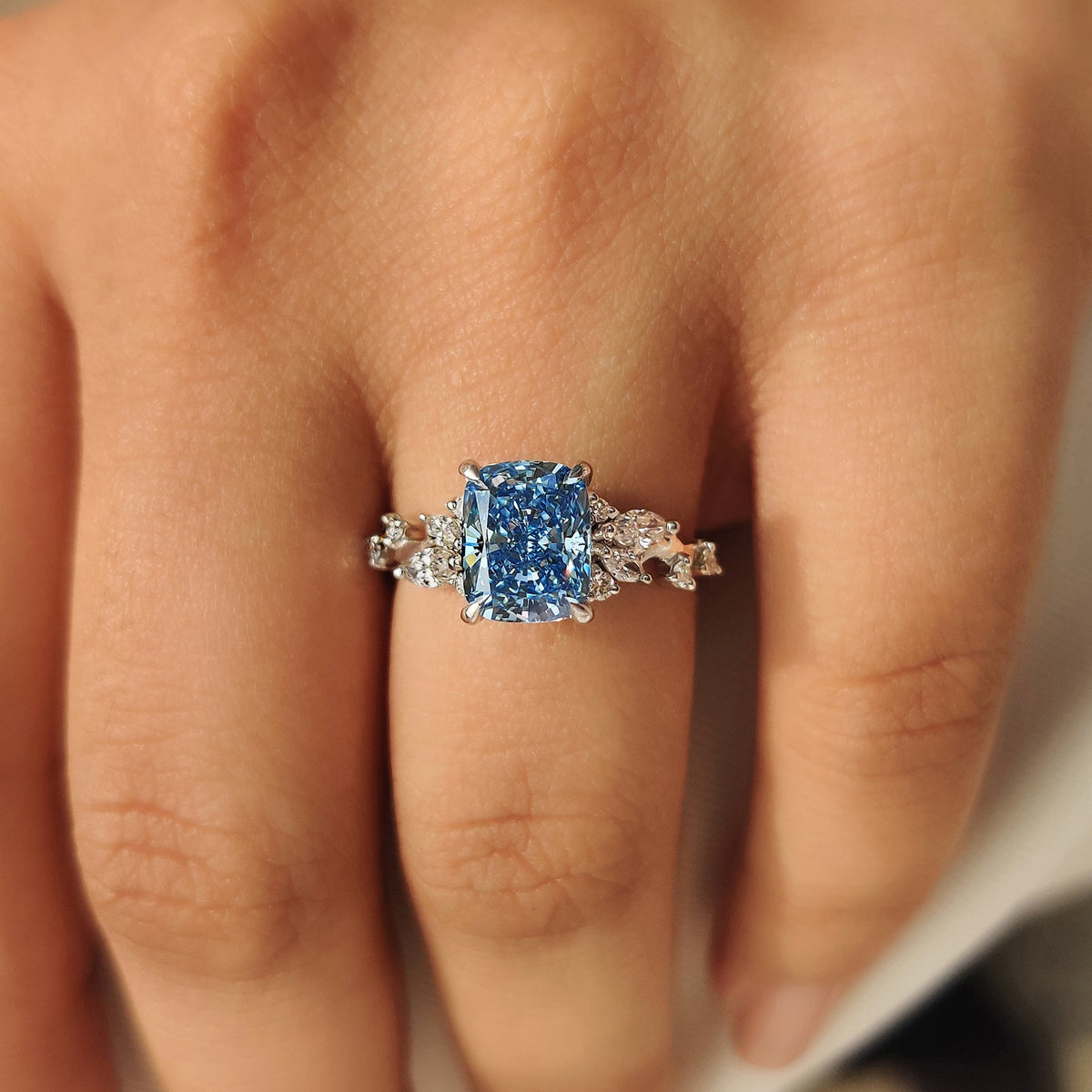 Vivienne Rose - Blue Cushion Cut Diamond Ring in Cluster Setting