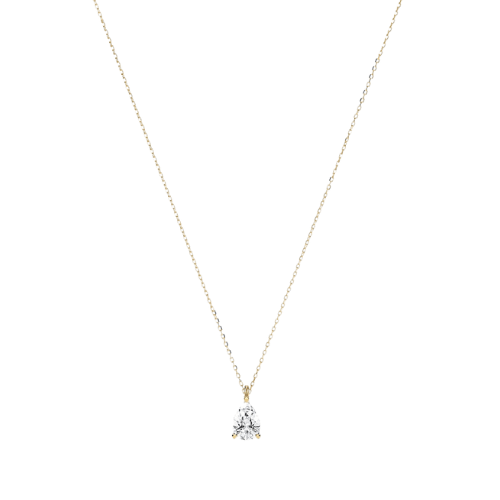 0.25 carat solitaire lab grown diamond pear pendant in 18K yellow gold on model – New Zealand jeweller