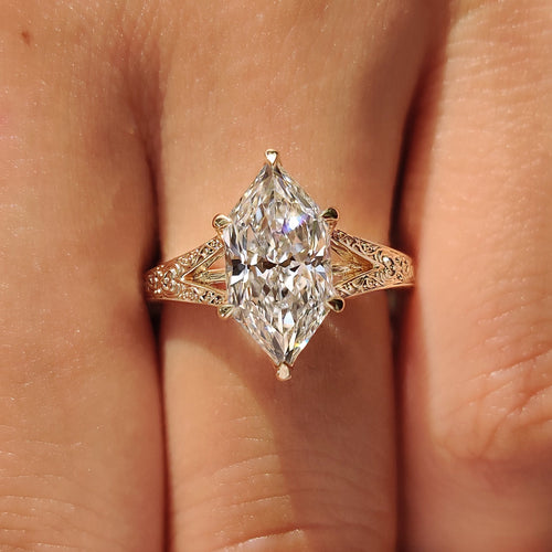 Celestine Faye - Dutch Marquise Solitaire Ring with Vintage Inspired Filigree Split Shank