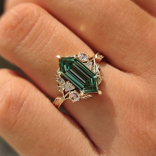 Aurelia Marie - Green Hexagon Step Cut Diamond Cluster Ring in Nature Inspired Style