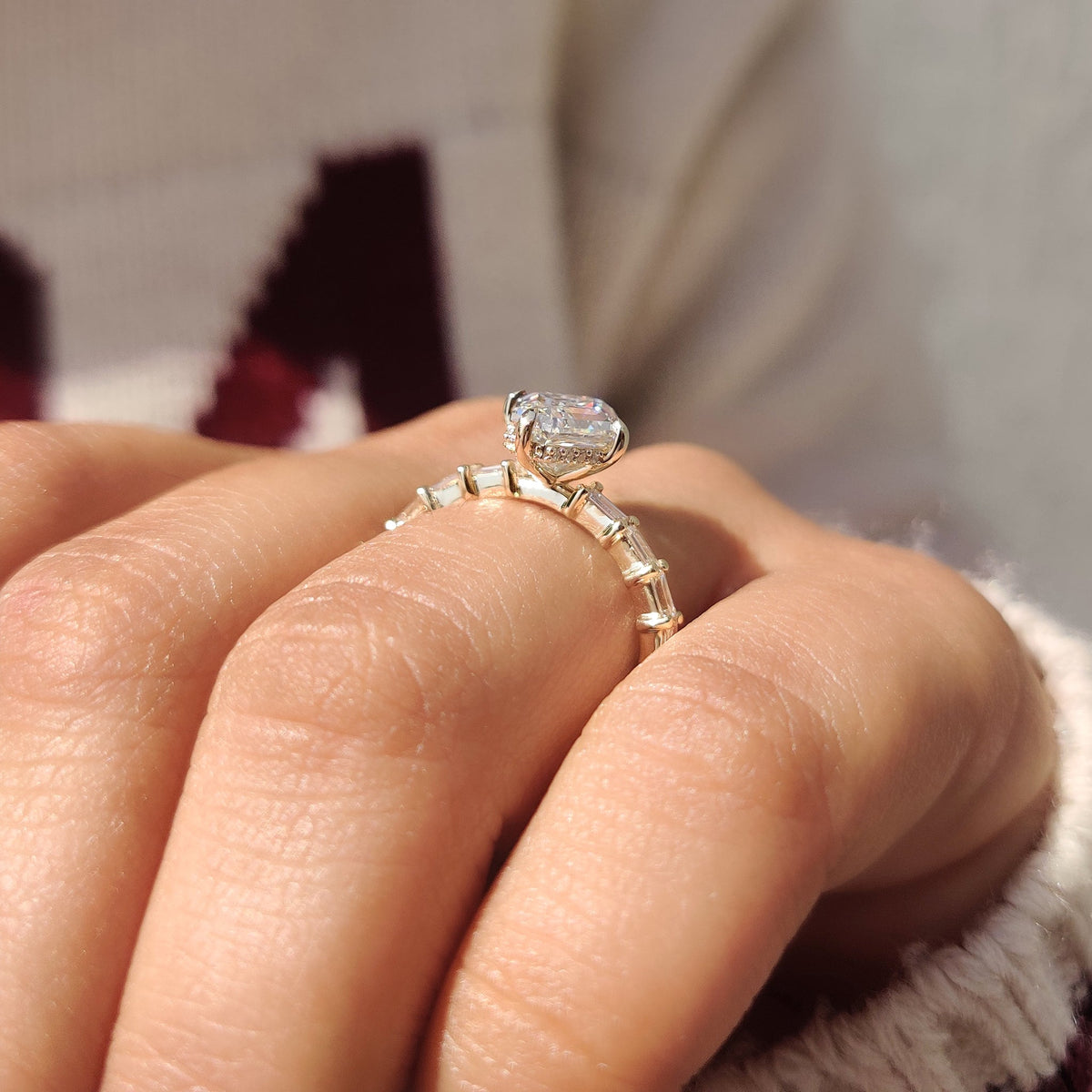 Leonora Belle - Squashed Hexagon Step Cut Ring with Baguette Cut Pave Band