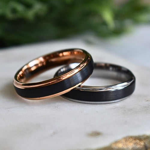 Stonehaven - Tungsten 6mm Black Wedding Ring with Silver Edges - view 9 - Nura Lab