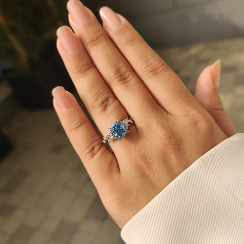 Vivienne Rose - Blue Cushion Cut Diamond Ring in Cluster Setting
