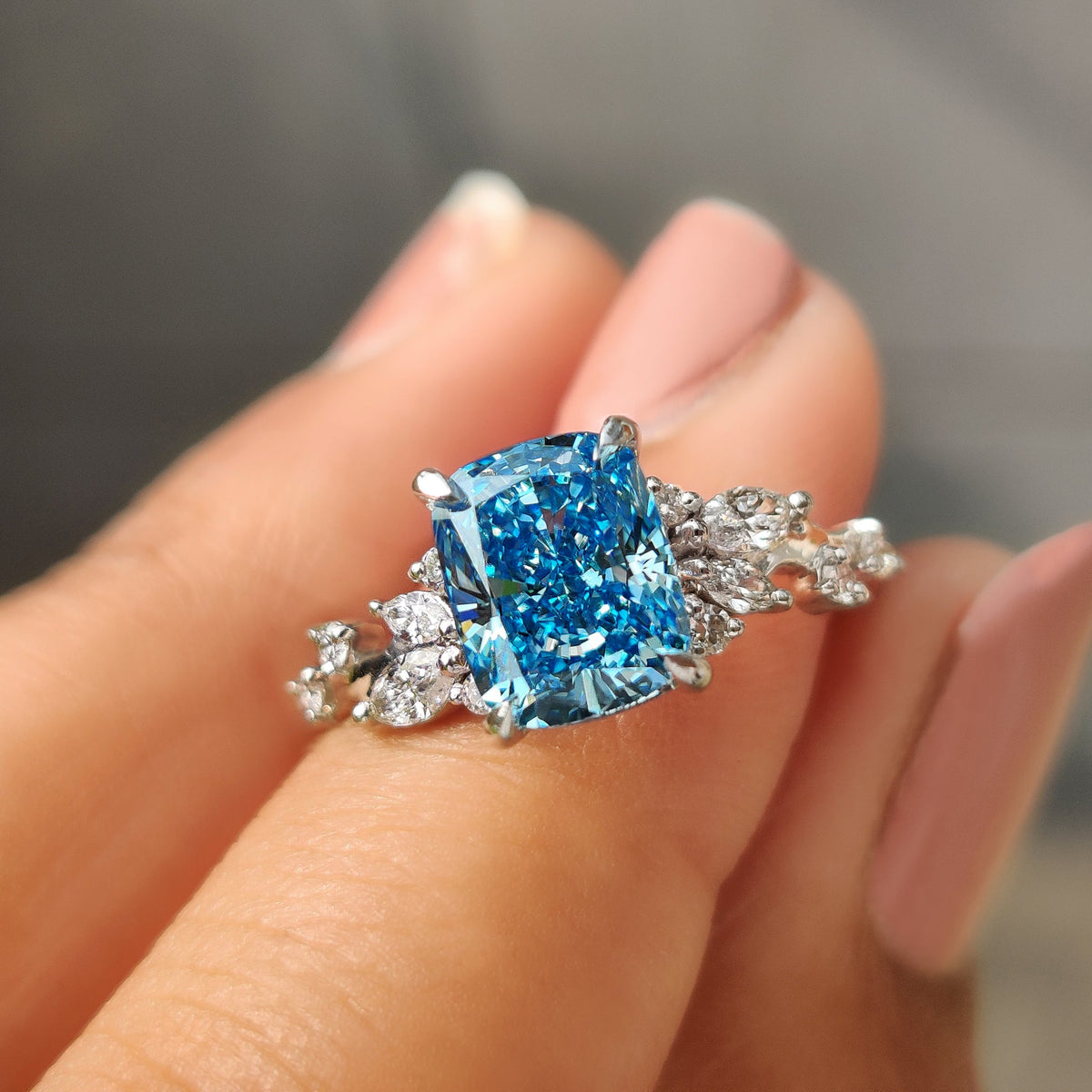 Vivienne Rose - Blue Cushion Cut Diamond Ring in Cluster Setting