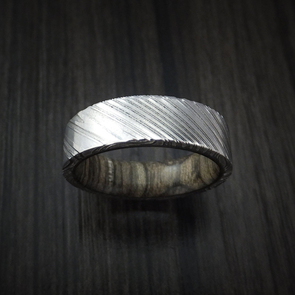 Harbour XI - Woodgrain Kuro Damascus Steel Men's Wedding Ring with Walnut Hardwood Sleeve Wood Band - view 2 - Nura Lab