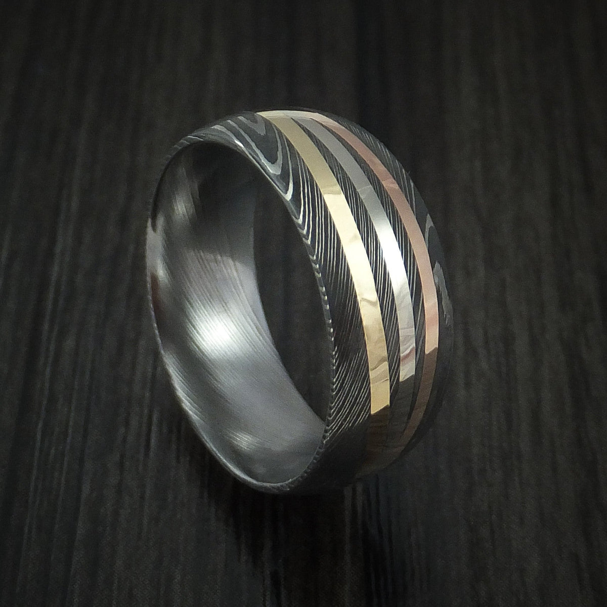 Equinox XI - Damascus Steel Men's Ring with Diagonal 14K Gold Inlays Wedding Ring - Nura Lab
