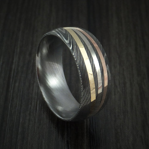 Equinox XI - Damascus Steel Men's Ring with Diagonal 14K Gold Inlays Wedding Ring - Nura Lab