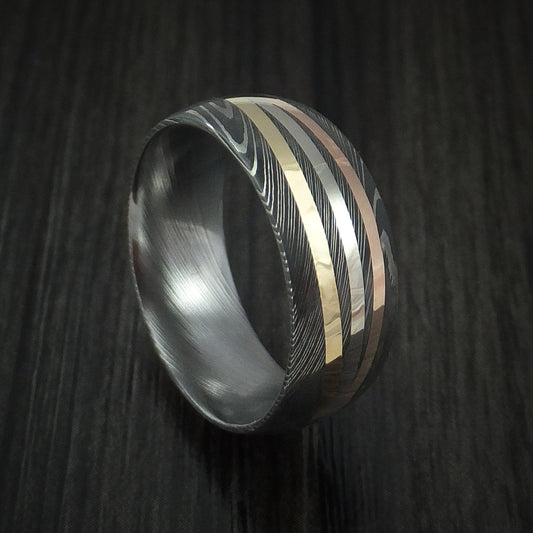 Equinox XI - Damascus Steel Men's Ring with Diagonal 14K Gold Inlays Wedding Ring - Nura Lab