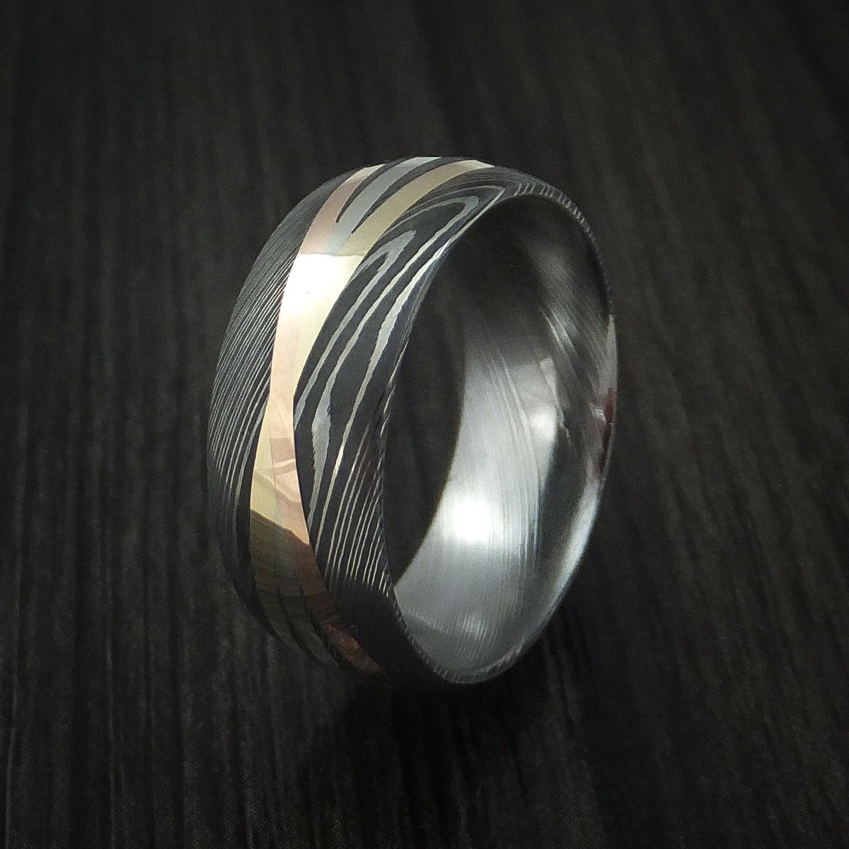 Equinox XI - Damascus Steel Men's Ring with Diagonal 14K Gold Inlays Wedding Ring - view 4 - Nura Lab