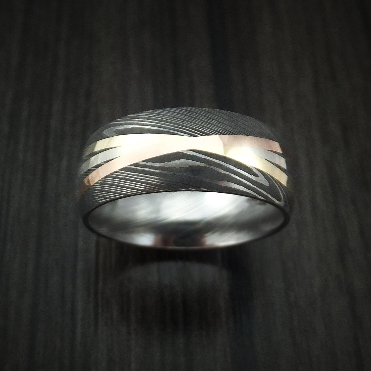 Equinox XI - Damascus Steel Men's Ring with Diagonal 14K Gold Inlays Wedding Ring - view 2 - Nura Lab