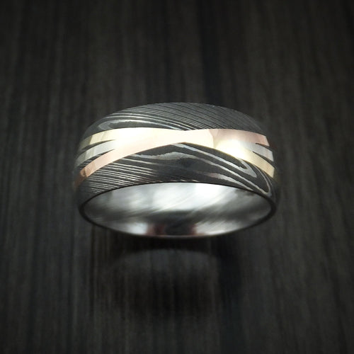 Equinox XI - Damascus Steel Men's Ring with Diagonal 14K Gold Inlays Wedding Ring - view 2 - Nura Lab